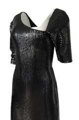 Iconic 1976 Halston Glossy Gunmetal Black Sequin Asymmetrical Full Length Dress