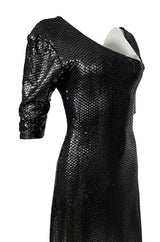 Iconic 1976 Halston Glossy Gunmetal Black Sequin Asymmetrical Full Length Dress