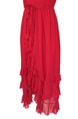 1970s Bill Blass Feather Light Red Ruffled Tiered Skirt Silk Chiffon Dress