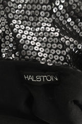 Iconic 1976 Halston Glossy Gunmetal Black Sequin Asymmetrical Full Length Dress