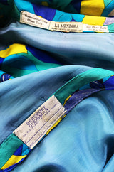 Dated 1975 La Mendola Turquoise & Blues Belted Silk Shirt Dress