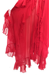 1970s Bill Blass Feather Light Red Ruffled Tiered Skirt Silk Chiffon Dress