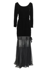 Fall 1987 Yves Saint Laurent Fitted Black Velvet & Sheer Silk Chiffon Dress