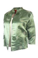 Gorgeous 1930s Unlabeled Green Silk Asian Jacket w Red Silk Lining