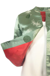 Gorgeous 1930s Unlabeled Green Silk Asian Jacket w Red Silk Lining