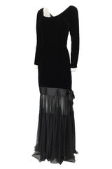 Fall 1987 Yves Saint Laurent Fitted Black Velvet & Sheer Silk Chiffon Dress