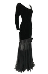 Fall 1987 Yves Saint Laurent Fitted Black Velvet & Sheer Silk Chiffon Dress