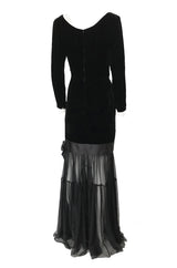 Fall 1987 Yves Saint Laurent Fitted Black Velvet & Sheer Silk Chiffon Dress