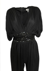 1980s Black Plunge Front Draped Jersey & Sequin Cropped Jumpsuit