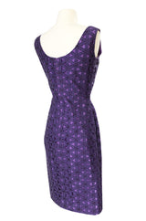 Pretty 1950s Purple Embroidered Netted Lace Floral Wiggle Dress