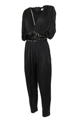 1980s Black Plunge Front Draped Jersey & Sequin Cropped Jumpsuit