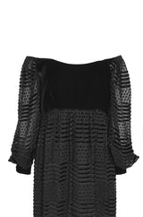 1970s Adele Simpson Off-Shoulder Pouf Sleeve Velvet & Chiffon Dress