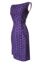 Pretty 1950s Purple Embroidered Netted Lace Floral Wiggle Dress