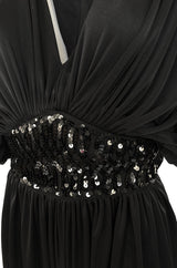 1980s Black Plunge Front Draped Jersey & Sequin Cropped Jumpsuit
