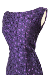 Pretty 1950s Purple Embroidered Netted Lace Floral Wiggle Dress