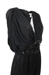 1980s Black Plunge Front Draped Jersey & Sequin Cropped Jumpsuit