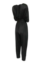 1980s Black Plunge Front Draped Jersey & Sequin Cropped Jumpsuit