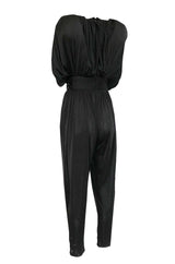 1980s Black Plunge Front Draped Jersey & Sequin Cropped Jumpsuit