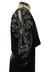 Rare 1920s 1930s Unlabeled Silk Velvet Dress w Rhinestones & Matching Open Shoulder Jacket