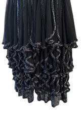 Late 1970s Oleg Cassini Extensively Beaded & Panelled Skirt Black Silk Chiffon Dress