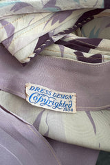 Rare Dated 1934 Bias Cut Soft Purple and Ivory Floral Print Silk Dress & Jacket w MOP Belt