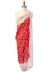 c.1978 Christian Dior Couture Huge Silk Chiffon Red & White Scarf
