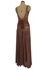 Late 1920s Unlabeled Gold Metallic Lame Thread Mixed w Deep Burgundy Silk Deep Plunge Dress