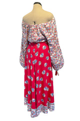 Prettiest 1970s Wallis Off Shoulder Red & Blue Floral Print Dress w Balloon Sleeves