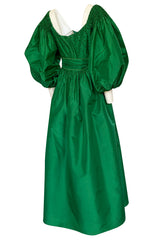 1960s Richiline Emerald Green Silk Dress w Pouf Sleeves & Rhinestone Detail