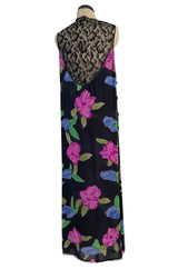 Custom 1970s James Galanos Floral Print Silk Chiffon Dress w Deep Plunging Black Lace Inserts