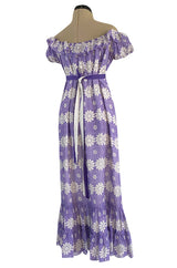 Late 1960s Anne Fogarty Soft Lavender Purple & White Floral Off Shoulder Empire Waist Dress