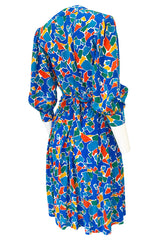 Spring 1983 Yves Saint Laurent Silk Multi Color Print on Blue Dress