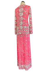 1970s Emilio Pucci Deep Pink Printed Silk Jersey Dress W High Snapped Slit Side Opening Skirt