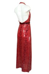 Documented 1974 Bill Blass Red Sequin Snakeskin Print Halter Dress