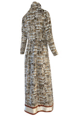 1960s Bill Blass Metallic Gold & Ivory Fused Silk Velvet Dress w Attached Neck Tie