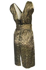 1960s Possible Christian Dior Gold Lame Back & Front Plunge Dress