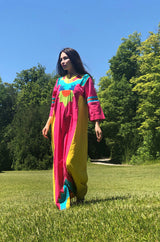 1960s Josefa Vibrant Pink and Primary Color Cotton Caftan Dress