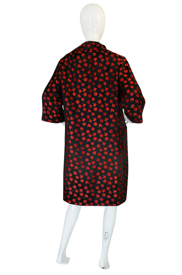 1950s Black Silk w Red Embroidered Floral Detail Swing Coat