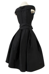 1950s Nettie Rosenstein Black Silk Full Skirted Dress w Interesting Blue Trim Neckline