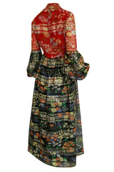 1960s Mollie Parnis Metallic Gold, Red & Black Floral Print Silk Dress