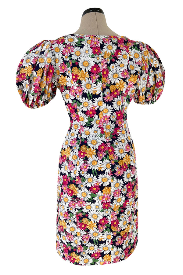 Iconic Spring 1992 Yves Saint Laurent Pink Floral Print Dress w Pouf Sleeves