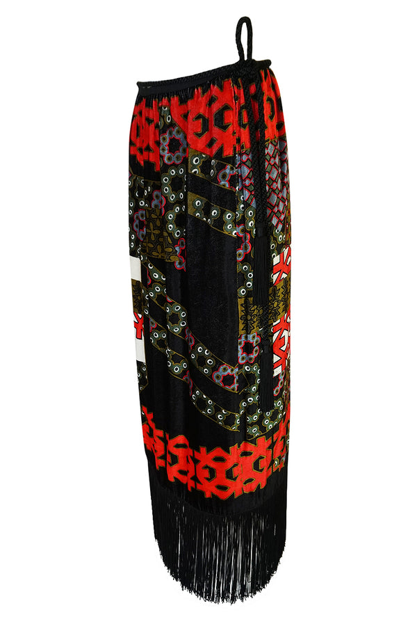c.1971 Lanvin Demi-Couture Fringe Printed Panne Velvet Skirt