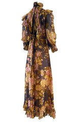 1970s Gina Fratini Pastel Floral Print Smocked Front Cotton Voile Ruffled Dress