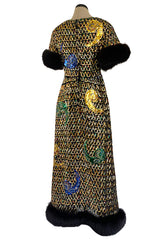 Late 1960s Oscar De La Renta Gold Sequin & Huge Paillettes Detailed Dress w Mink Cuffs