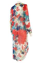 1970s Hanae Mori Silk Chiffon Jacket w Huge Bright Floral and Parrot Print