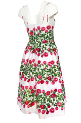 1960s Unlabeled Pink & Green Floral Print on White Cotton Dress