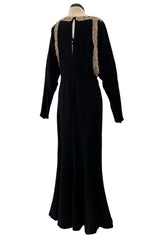 Fabulous 1930s Black Bias Cut Silk Crepe Dress w Unusual Rhinestone & Beaded Applique
