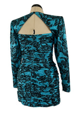Late 1980s Emanuel Ungaro Teal Blue Printed Silk Mini Dress w Strong Shoulders