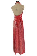 Documented 1974 Bill Blass Red Sequin & Snakeskin Print Ad Campaign Halter Dress