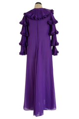 Unusual 1970s Miss Dior Purple Silk Chiffon Tiered & Pleated Sleeve Caftan Dress